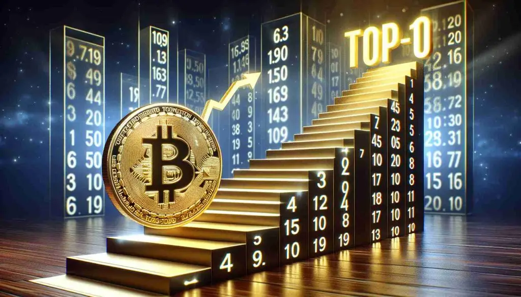 A high definition, realistic image illustrating Surge in Toncoin's Market Position, conceptualized as a digital coin confidently ascending a stairway of large numbers representing positions in hierarchy. The stairway leads towards a prominent 'Top-10' sign gleaming in gold, standing at the pinnacle, symbolizing the climb towards the top-10 cryptocurrency rankings.