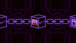 An image of blockchain; cubes of art and NFTs connected by a chain