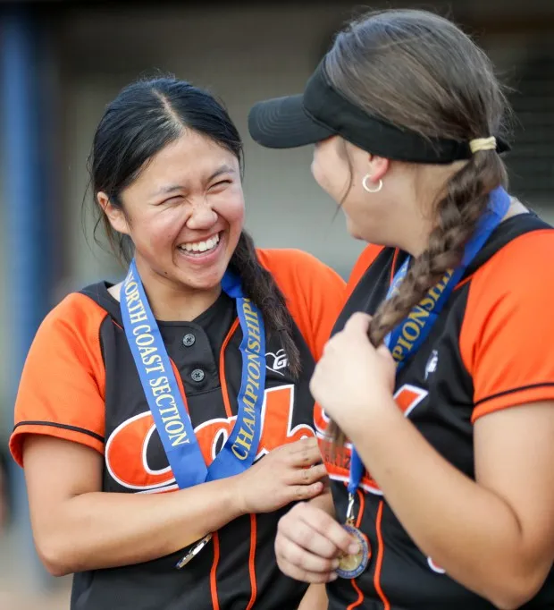 MORAGA - California player Kaitlyn Le celebrates with her teammate after the game. San Ramon Valley and California played in an NCS Division I high school softball championship at Saint Mary’s College in Moraga, Calif. on Friday, May 26, 2023. (Joseph Dycus/Bay Area News Group)