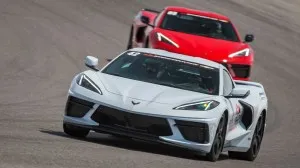 Driving a C8 Corvette at the Ron Fellows Performance Driving School.