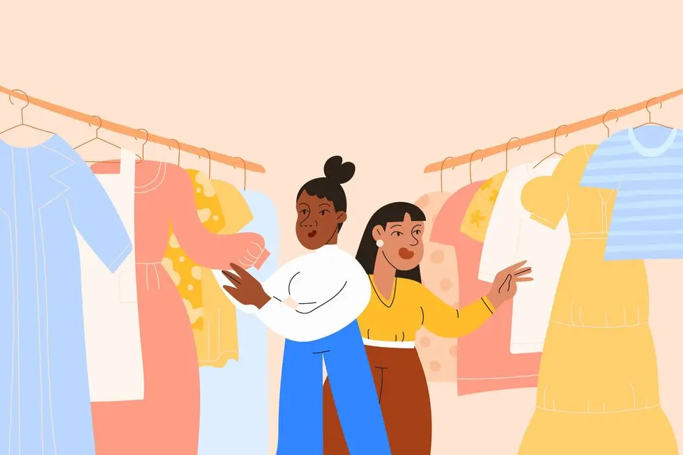 an illustration of two women looking through clothes