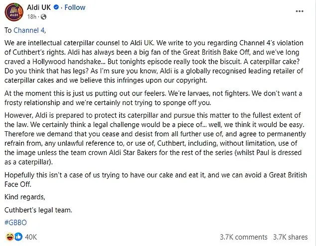 Back in November 2023 the supermarket caused further online hilarity after writing an 'open letter' to the Great British Bake Off threatening to sue them after the show's quarter-finalists were asked to make a caterpillar cake