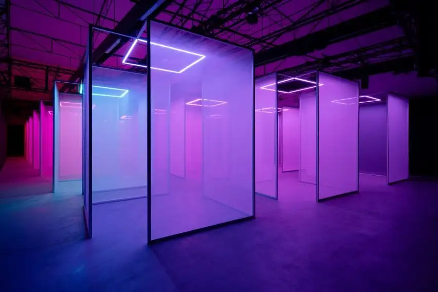 Purple boxes from Making sense of color installation by Chromasonic for Google at Milan design week 2024