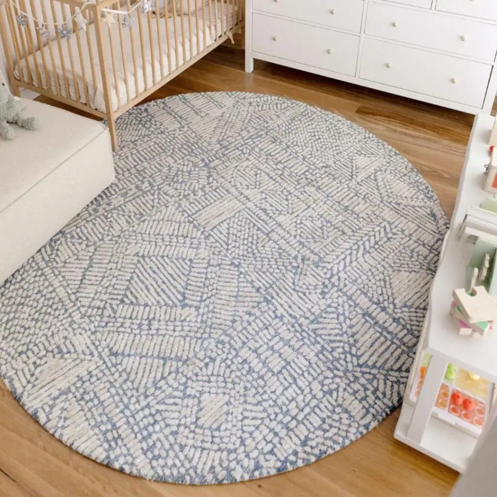 Karmen Blue and Ivory Geometric Patterned Round Rug