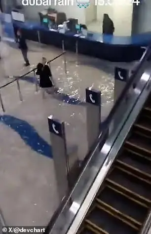 A building is flooded with water in Dubai