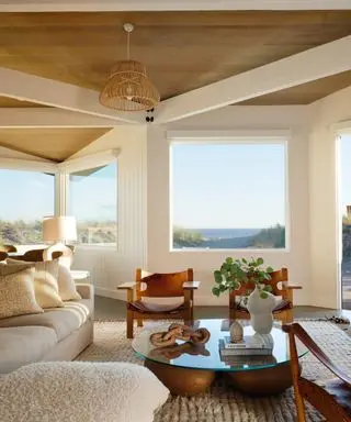 A living room with raftered ceilings and retro furniture, with an outdoor view