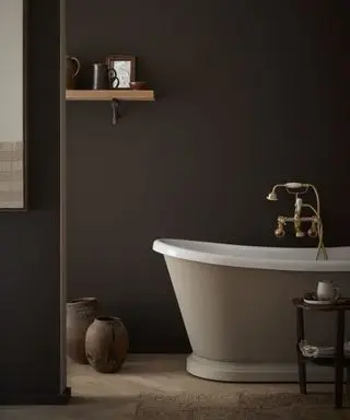 Bathroom painted dark chocolate brown with a warm beige bathtub