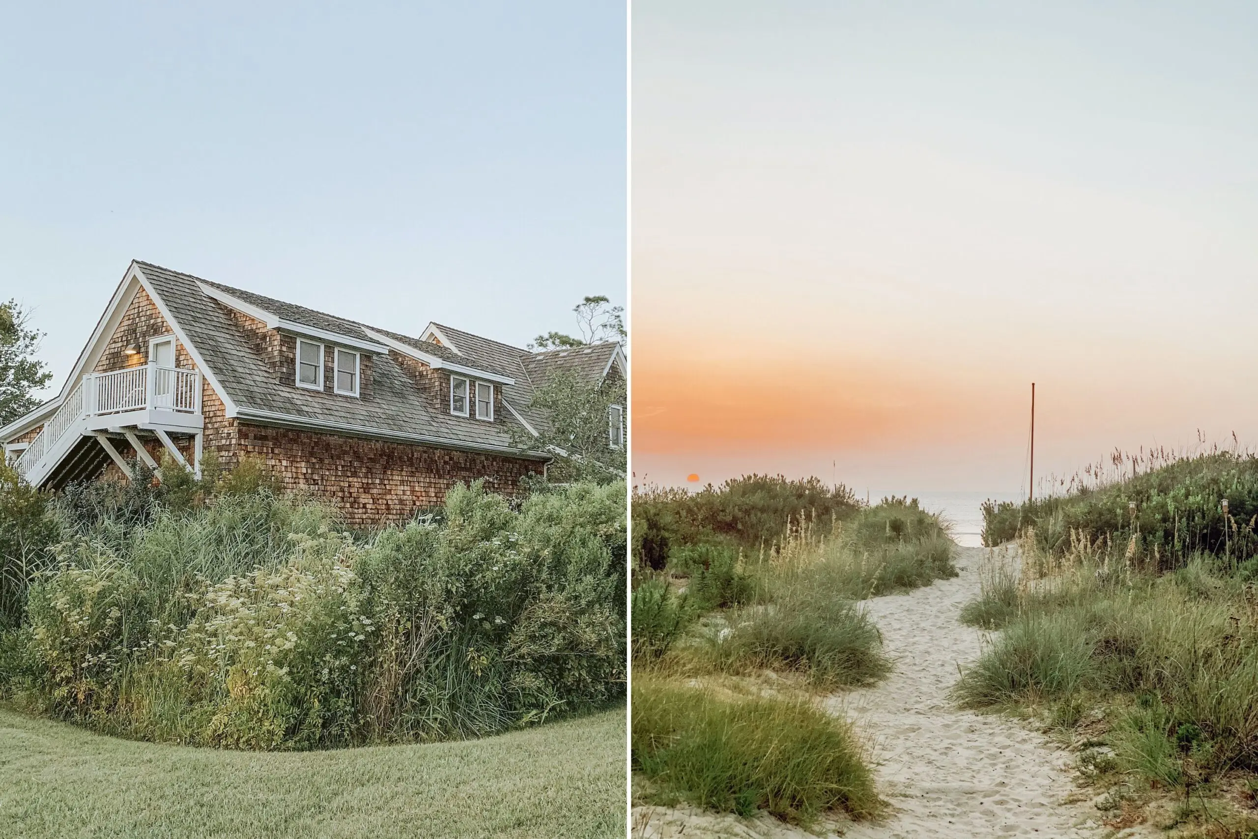 A cedar shake house surrounded by a green yard; a beach walkway