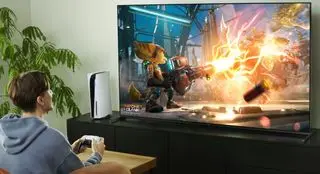 Ratchet and Clank being played on a Sony TV.