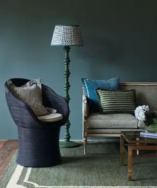 Sitting room with blue walls, chair, sofa, coffee table, floor lamp and rug