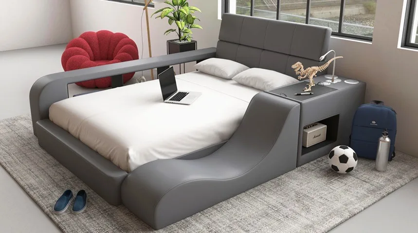 Elements’ new Valerie upholstered bed features built-in Bluetooth speakers.