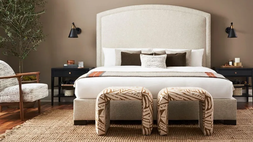 The Nocturne custom bed program from Sherrill gives customers different options on headboard shapes and height, panel treatment and hidden storage.