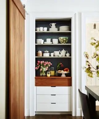 kitchen with cupboard and shelves with china