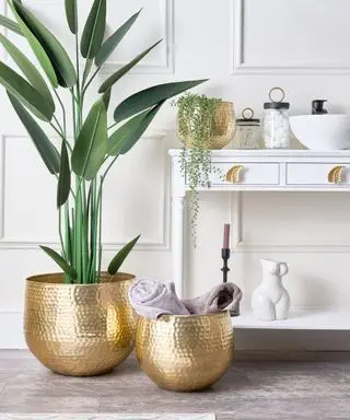 Two gold curved pots - one with a tall leafy plant and one with rolled towels on it - a white console table with a basin, white paneled walls behind them and gray wooden panels on the floor