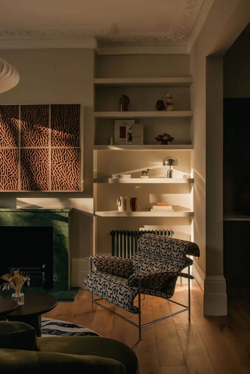 Living area interior view with armchair close-up