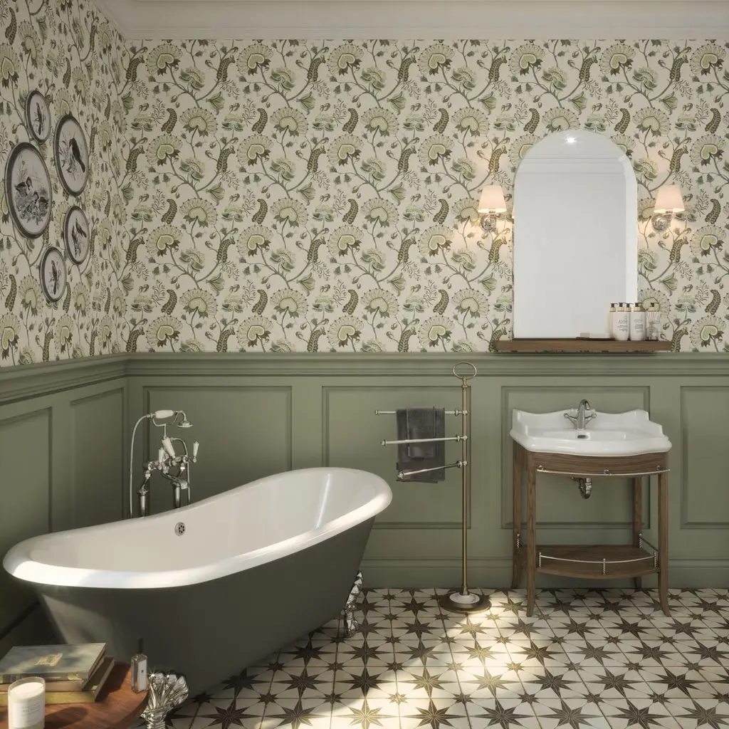 Beaumont Wallpaper in Olive and Sage Green on Ecru from Lucie Annabel