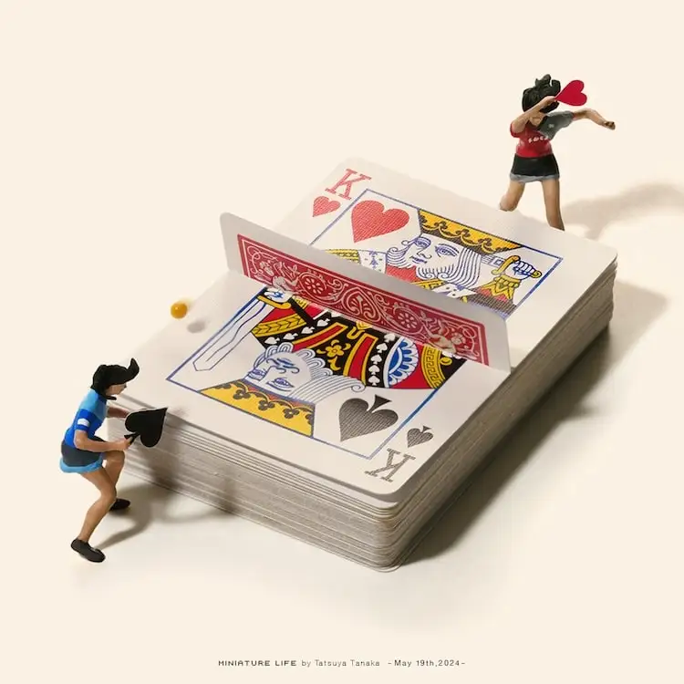 Miniature Calendar art project by Tatsuya Tanaka of mini figures playing table tennis on a deck of cards