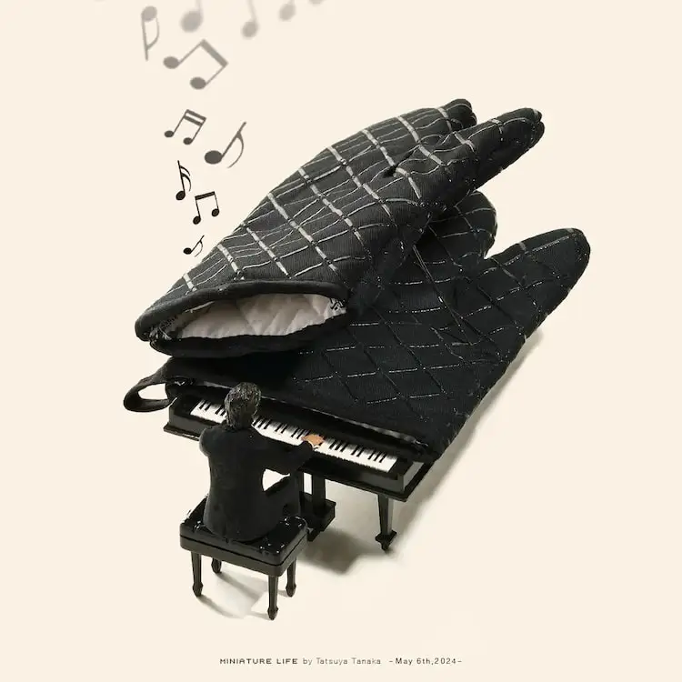 Miniature Calendar art project by Tatsuya Tanaka of a mini figure playing a piano made of an oven mitt