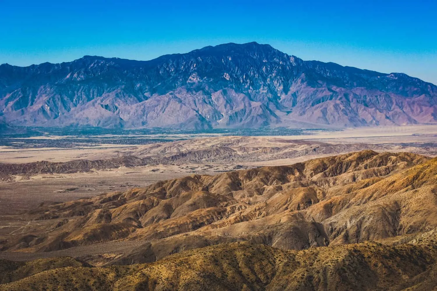 Beautiful overlook of San Bernardino Mountains and Coachella Valley from Joshua Tree's highest viewpoint, Keys View, Joshua Tree National Park, Riverside County, California