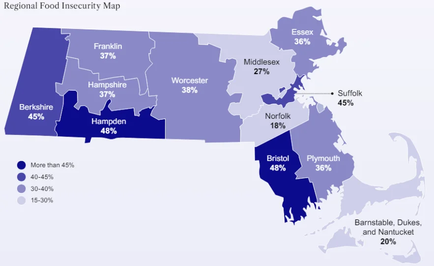 A map of Massachusetts shows countries with different colors and percentages. The darkest colors are Hampden and Bristol County, with 48%.