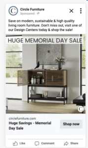 Circle Furniture promoted some of its Memorial Day sales on social media.