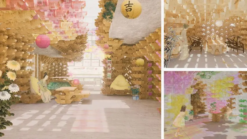 A visualisation of an interior, with people interacting with the space. There are colours of pink, yellow, green and white seen throughout.