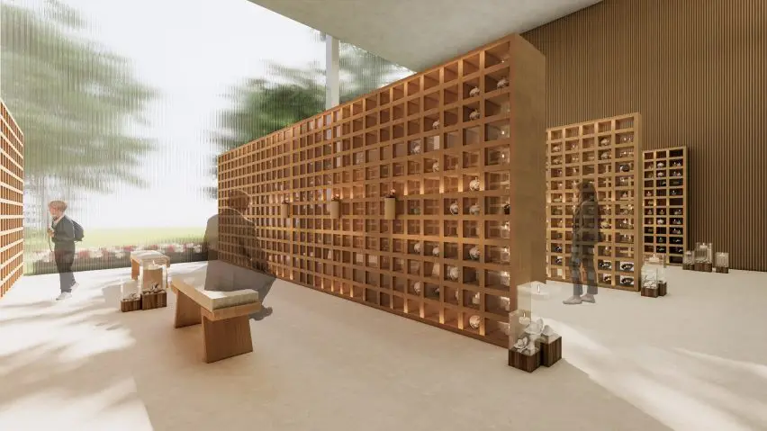 Visualisation of a funeral centre interior, showing tall brown wooden rectangular structures with people sitting on benches and passing through and a large glass window showing green trees outside.