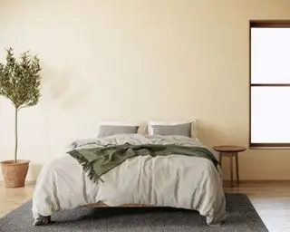 neutral bedroom with houseplant and gray bedding