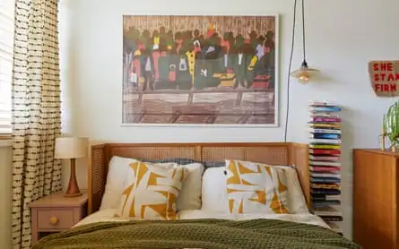 And so to bed: carefully chosen accessories, like the curtains, cushions and a green throw from Dunelm, bring the look together.