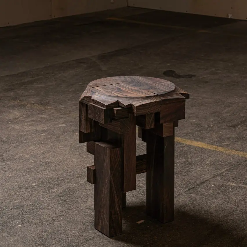 Carved wooden stool on show in Bucharest