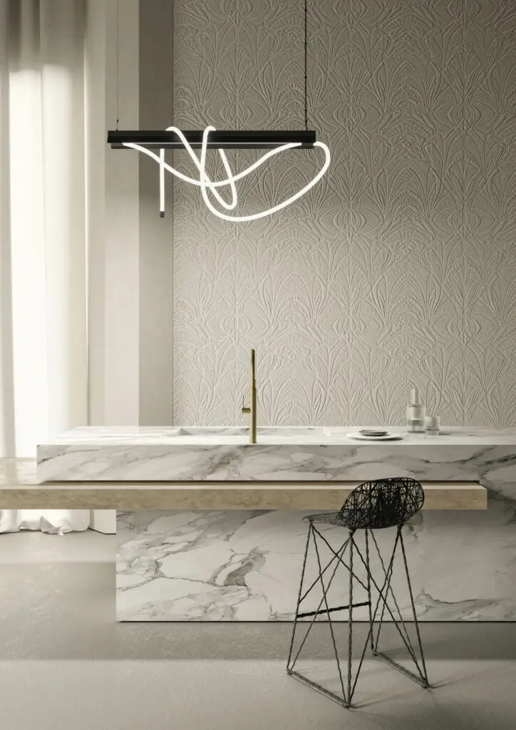 a MOOOI chandelier in a minimalist marble bathroom