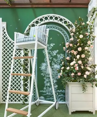 outdoor terrace with tennis chair and roses