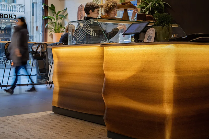 coffee waste turns into 3D printed furniture decorating d·origen coffee shop in barcelona