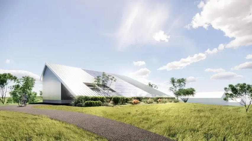 Metal clad pavilion with slanted roof