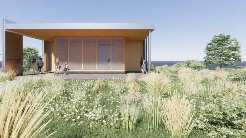 Metal and wood pavilion on wooded site