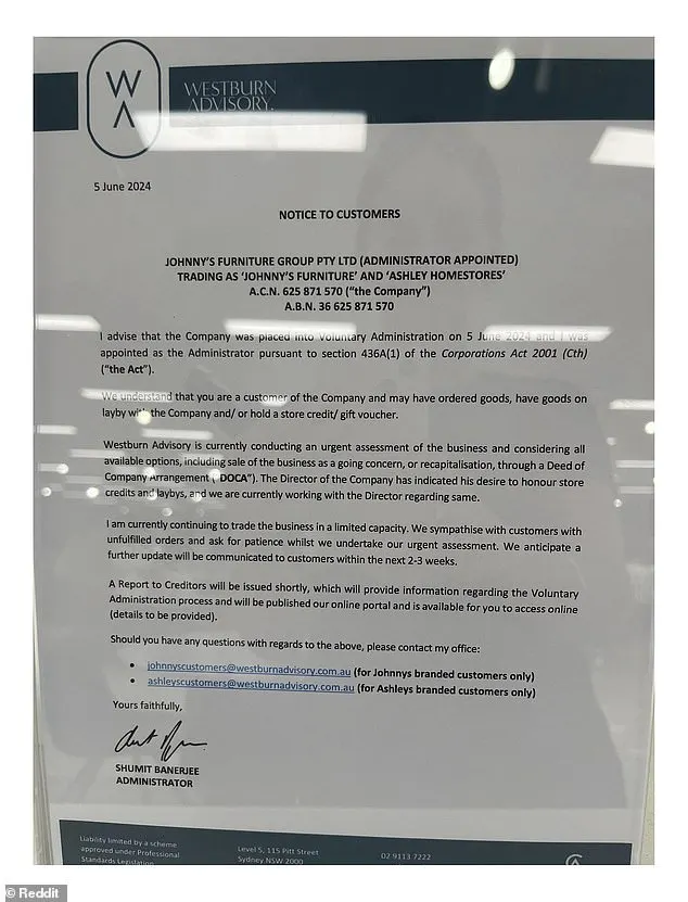 Those turning up to stores to demand furniture or a refund were instead handed a letter confirming an urgent assessment of the business was underway