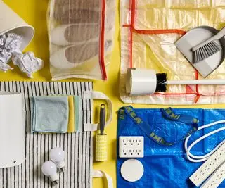 An assortment of college dorm essentials against a bright yellow background