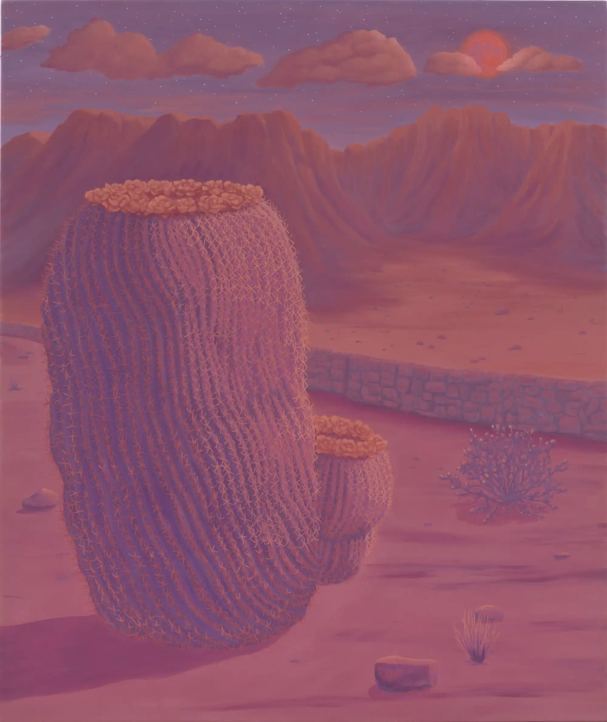 a painting of cacti in a desert landscape, made with a limited palette of orange, violet, and pink