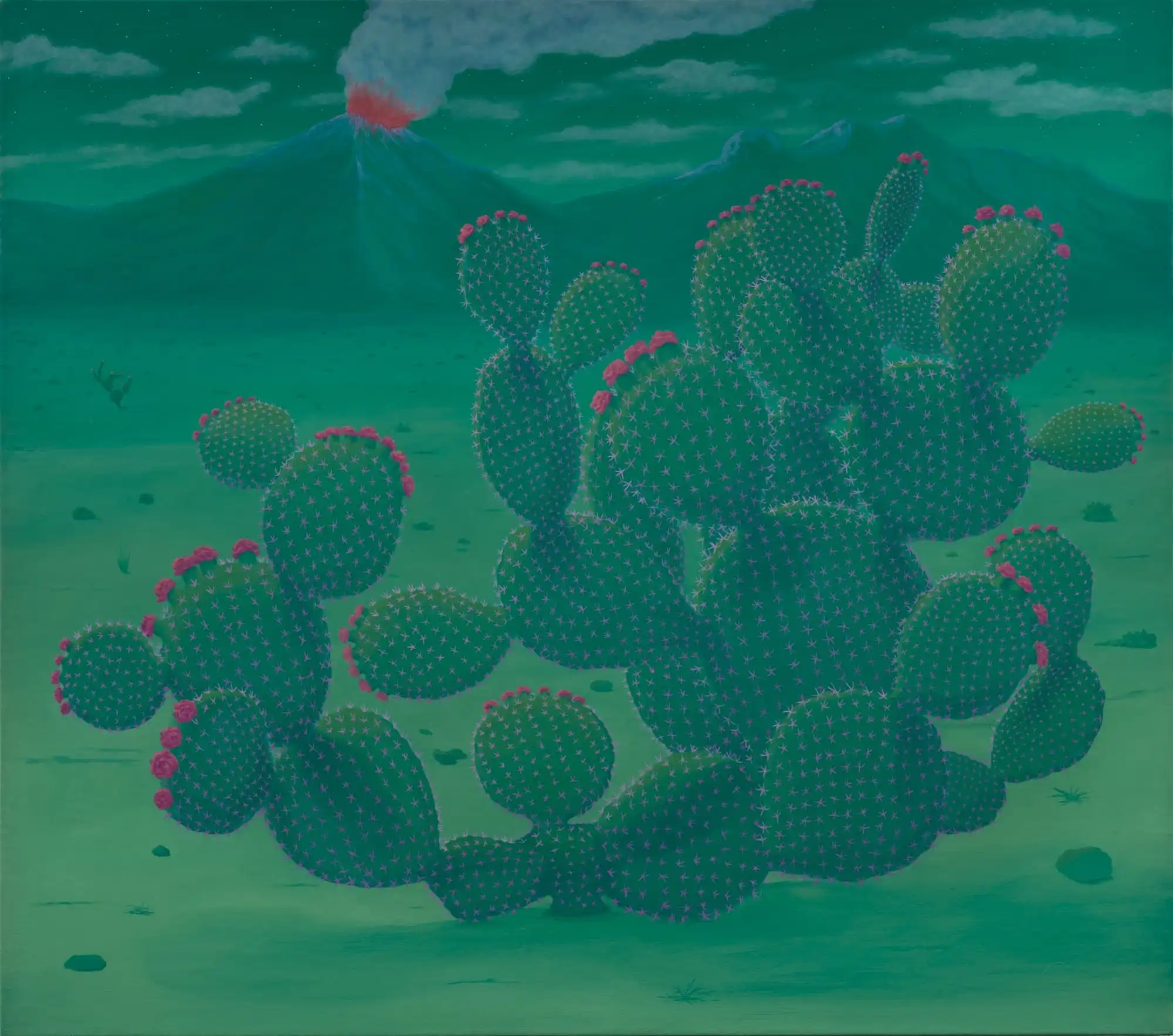 a painting of cacti in a desert landscape, made with a limited palette of green and magenta