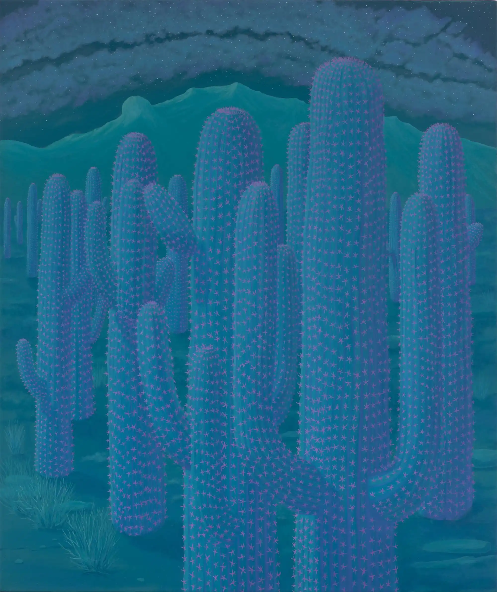 a painting of cacti in a desert landscape, made with a limited palette of blue and green