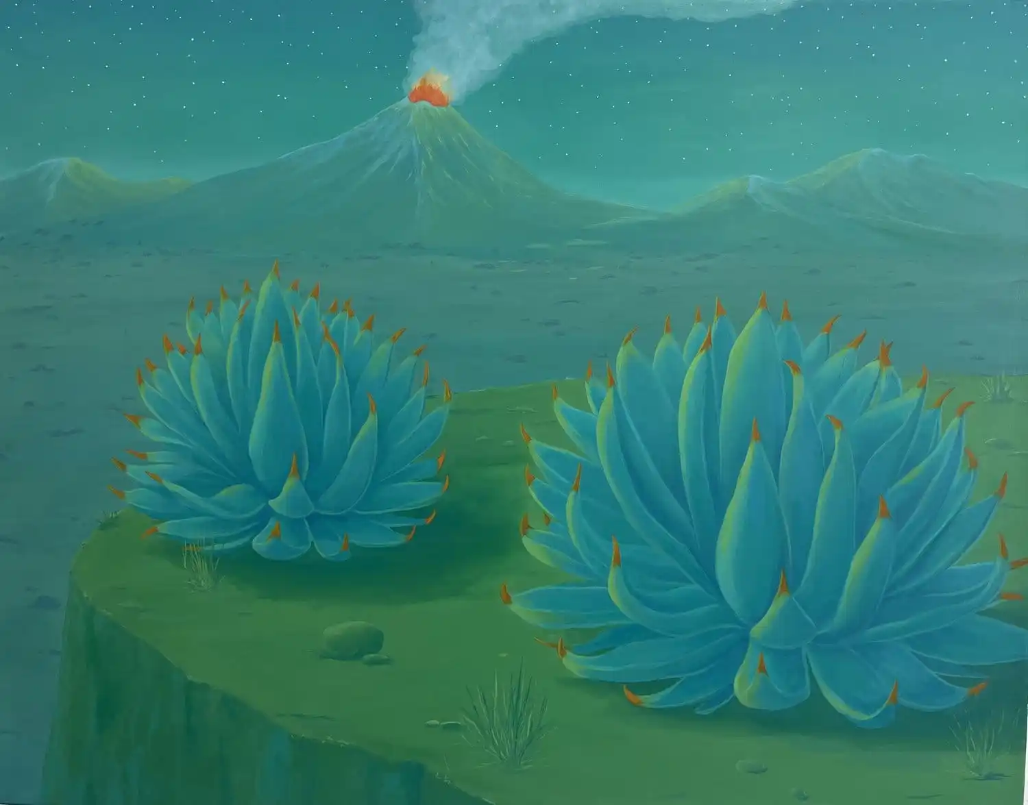 a painting of cacti in a desert landscape, made with a limited palette of green and blue