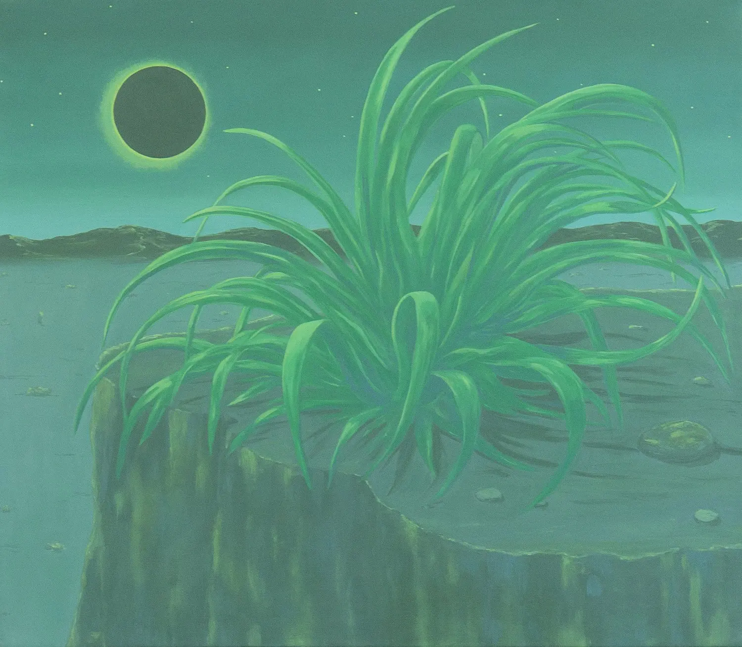 a painting of cacti in a desert landscape with an eclipse in the sky, made with a limited palette of greens