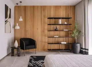 Hyderabad apartment interior with timber wall