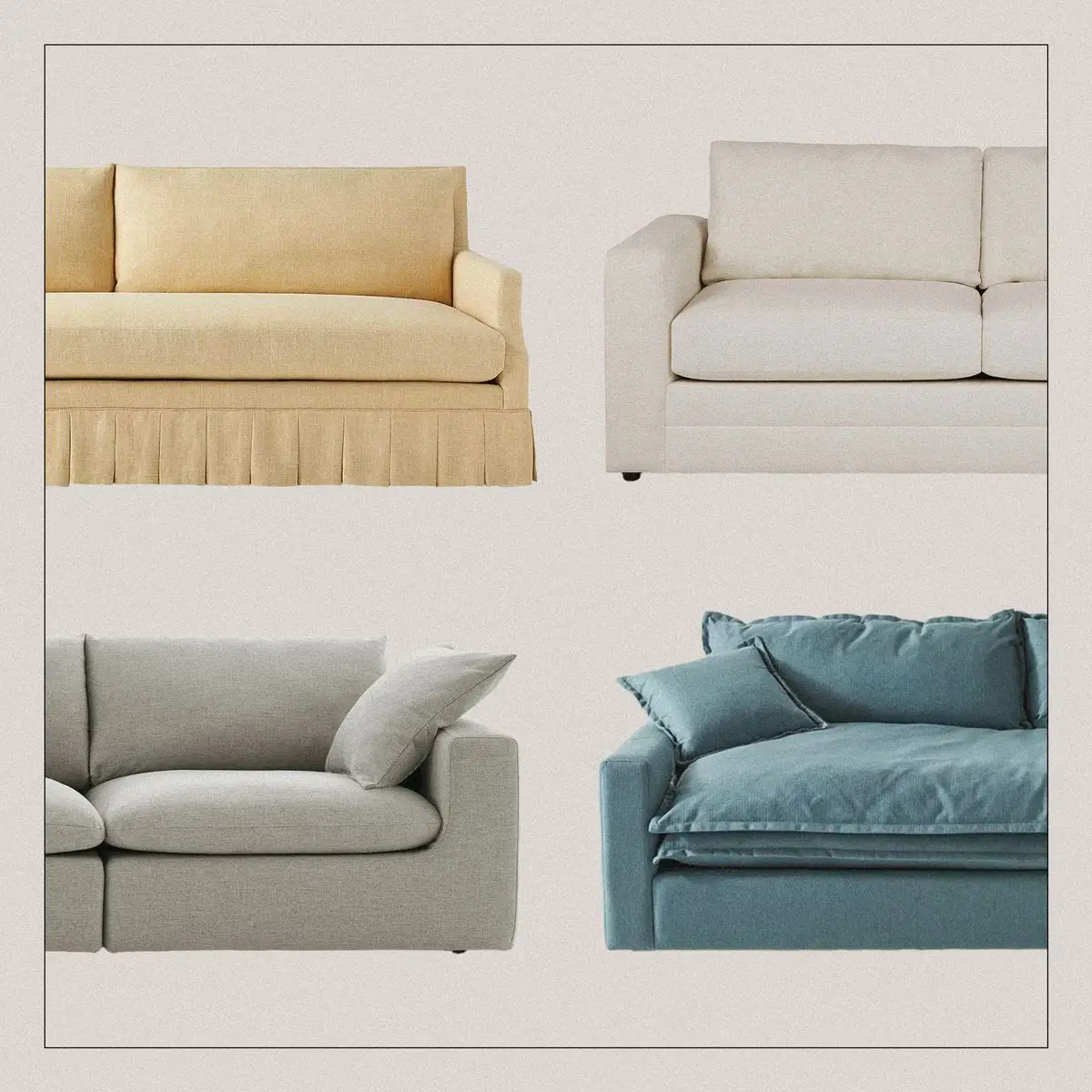 a group of linen sofas