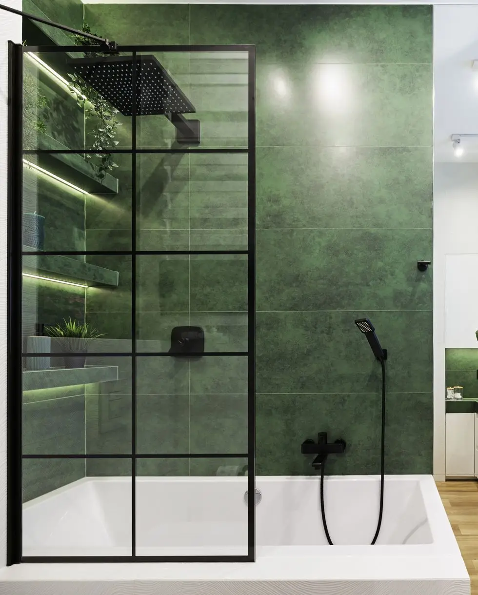 green luxury bathroom, black rain shower head