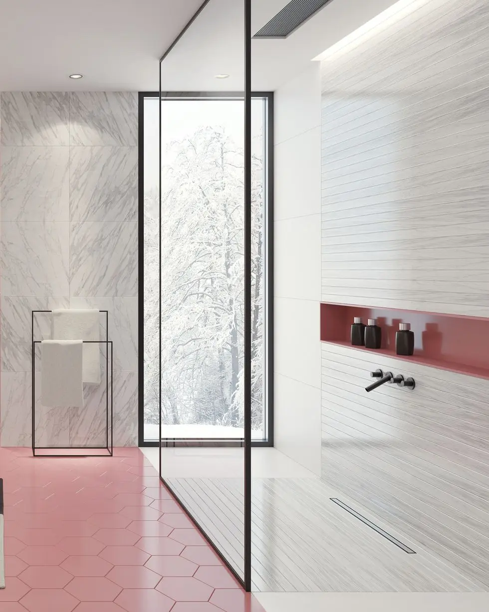 contemporary bathroom with light pink honeycomb tiles