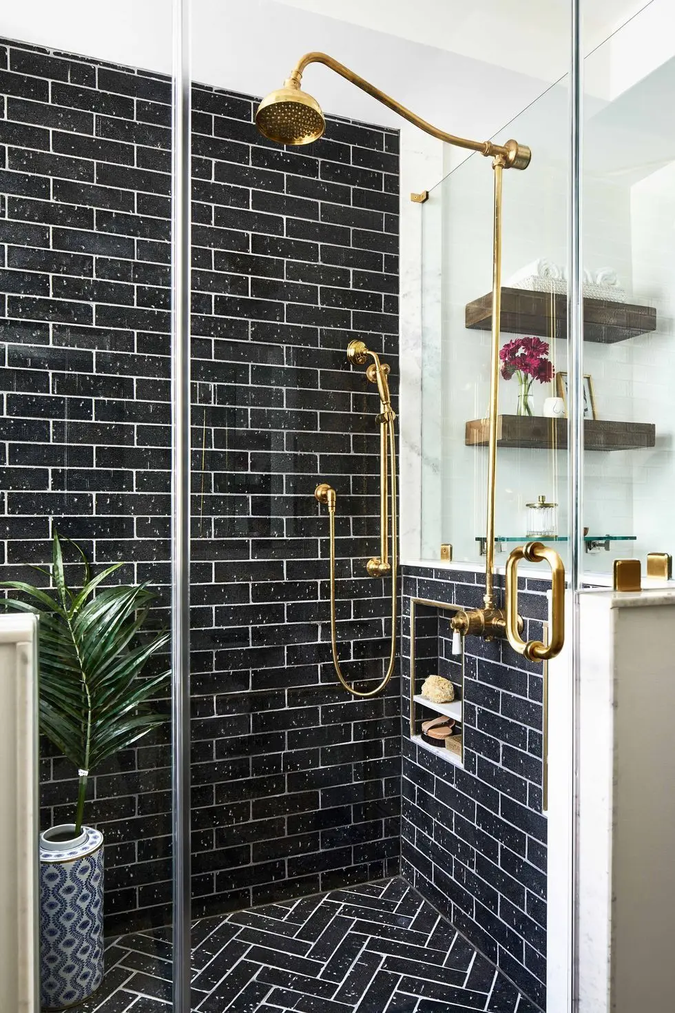 Tile, Bathroom, Black, Room, Property, Shower, Interior design, Material property, Flooring, Glass,