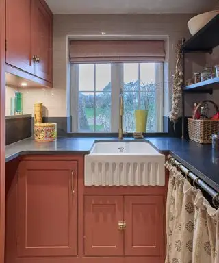 Colorful kitchen with black countertops