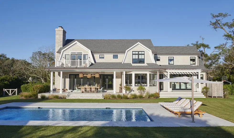 lauren wills home tour, exterior, pool, cream house with white trim