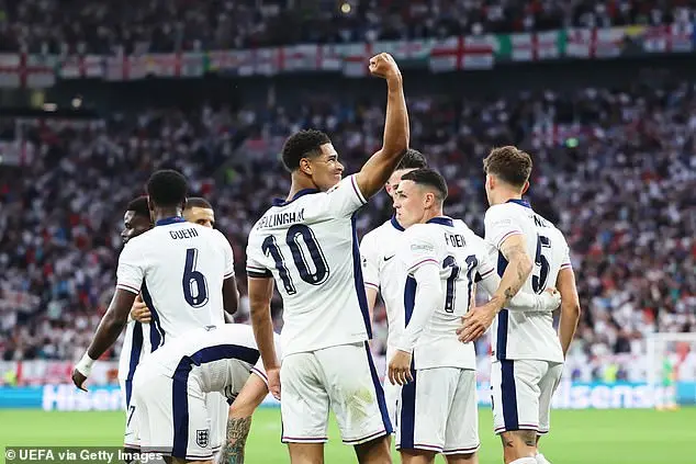 Jude Bellingham (centre) scored the only goal for the Three Lions on Sunday evening